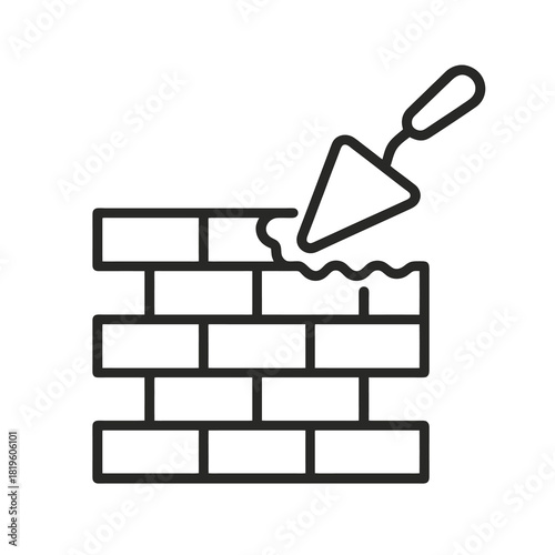 Fine line bricklaying icon with trowel, symbolizing construction and structural work, ideal for renovation visuals, building industry and labour resources