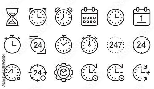 Set of monochrome icons illustrating planning, time tracking, and professional deadline reminders