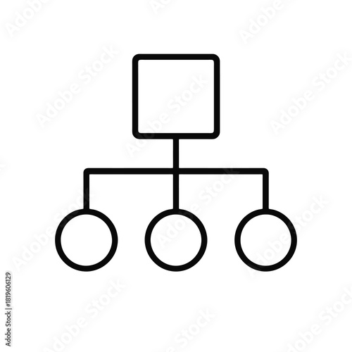 Fine line organization chart icon, minimalist black outline showing structure hierarchy, ideal for project management, leadership roles and delegation visuals