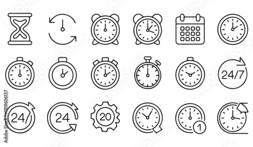 Thin linear icons displaying productivity concepts such as speed, 24-hour service, and scheduling