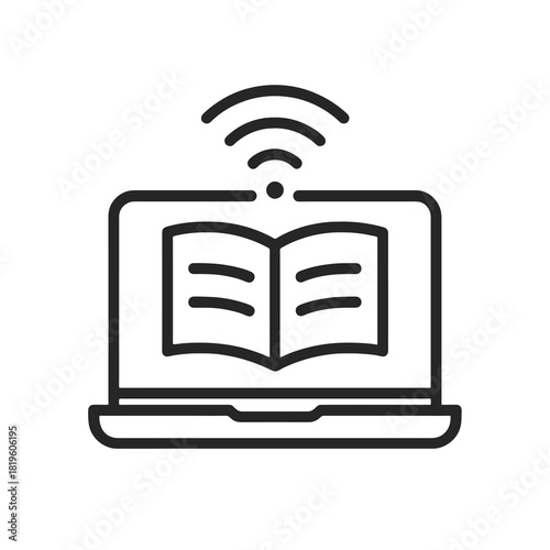 Fine line distance learning icon showing laptop with book and wifi signal, ideal for online education platforms, remote study tools and modern academic interfaces