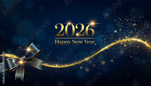 Neujahr 2026 Frohes Neues Jahr goldene Festgrafik mit Schleife und Glitzer auf dunklem Hintergrund