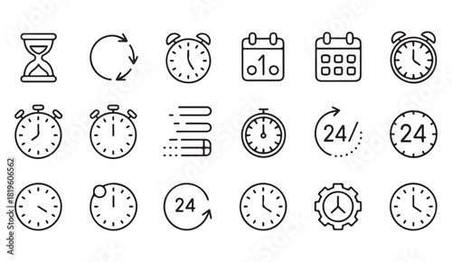 Minimalist line icons of clocks, timers, and calendars symbolizing time tracking, scheduling, and deadline management