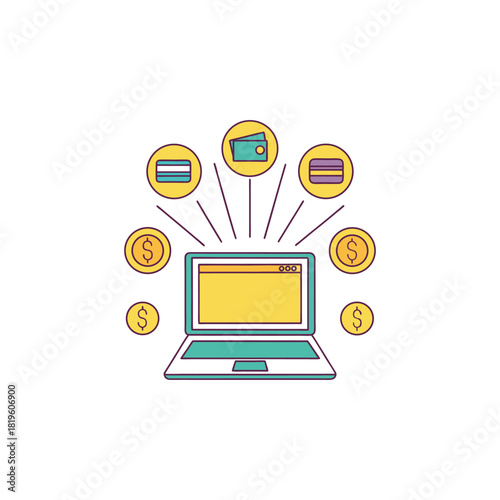 Online payment methods and digital transactions via laptop computer illustration