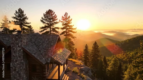 Log cabin perched on forested mountain slope during golden hour. Rustic retreat with pine trees and misty peaks at sunset. Serene cabincore escape in natural wilderness landscape.