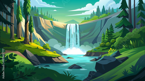 Very beautiful view of South Falls at Silver Falls State Park, Oregon, USA, showcasing cascading water surrounded by lush green forest, mist rising from the waterfall, and a serene woodland atmosphere