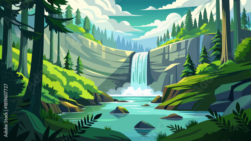 Very beautiful view of South Falls at Silver Falls State Park, Oregon, USA, showcasing cascading water surrounded by lush green forest, mist rising from the waterfall, and a serene woodland atmosphere