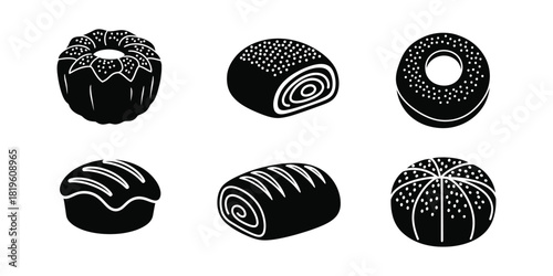 Six vactor black silhouette icons of baked goods including cakes and rolls pastry
