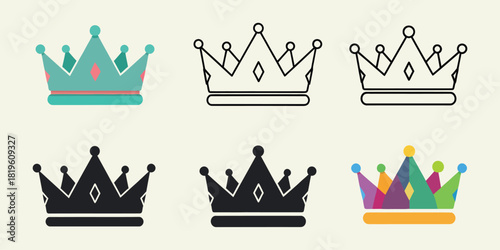 Six stylized crown icons in various colors and styles on a cream vactor background symbol