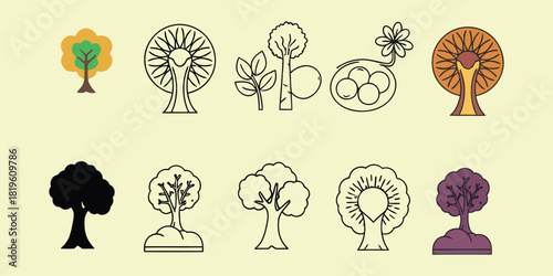 Collection of stylized tree icons and illustrations in various styles vactor nature