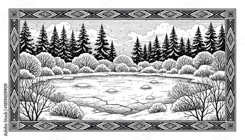 Winter forest landscape with frozen lake and snow-covered trees  