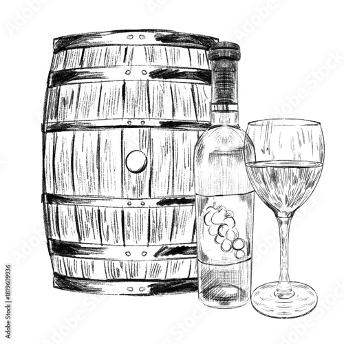 Wood barrel, wine bottle, glass of wine. Concept of winemaking, production and sale of wine, growing grapes. Vector vintage hand drawn illustration for menus, web, info graphics, labels.