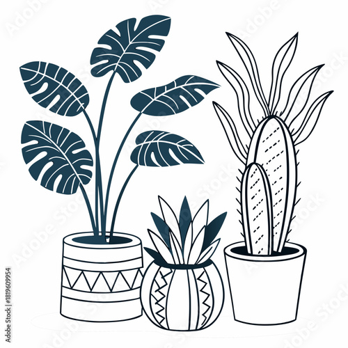 Potted house plants composition. Home and office interior houseplants. Modern green leaf, succulent, cactus decoration in planters, flowerpots. Flat vector illustration isolated on white background
