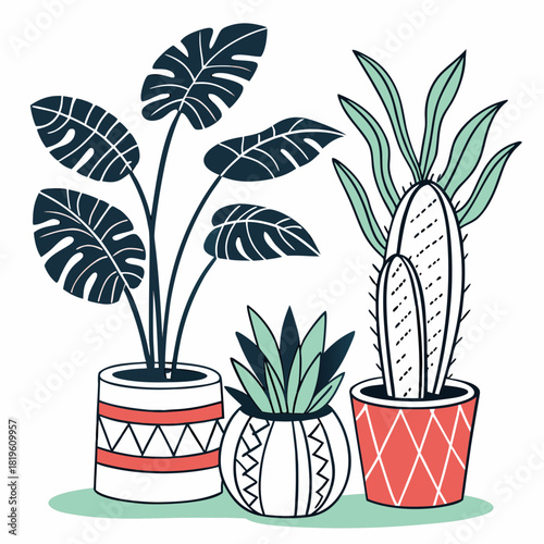Potted house plants composition. Home and office interior houseplants. Modern green leaf, succulent, cactus decoration in planters, flowerpots. Flat vector illustration isolated on white background