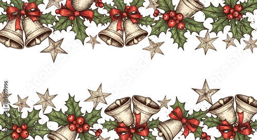 Vintage Christmas bells and holly decorations with stars on white  