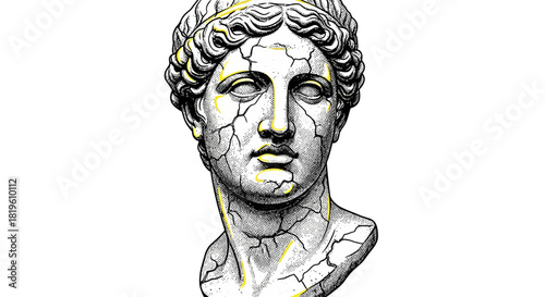 Cracked sculpture of ancient Greek statue with intricate details  