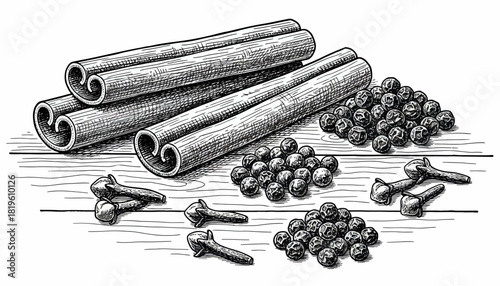 Cinnamon sticks and spices arranged on wooden surface  