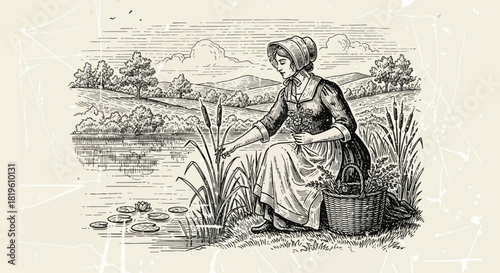 Woman collecting plants by the riverside in vintage illustration  