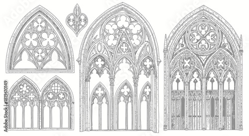 Gothic architectural window designs in intricate sketch style  