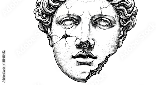 Cracked statue head illustration with intricate details and lines  