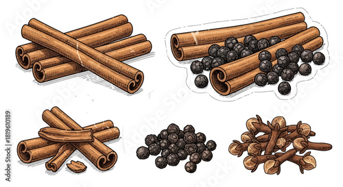 Different spices including cinnamon sticks and whole black pepper  