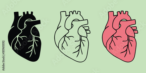 Three stylized human heart outlines in vactor black pink and green on a pale green background