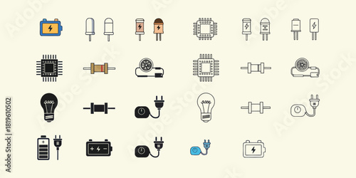 Collection of electronic components and power symbols in flat design vactor battery