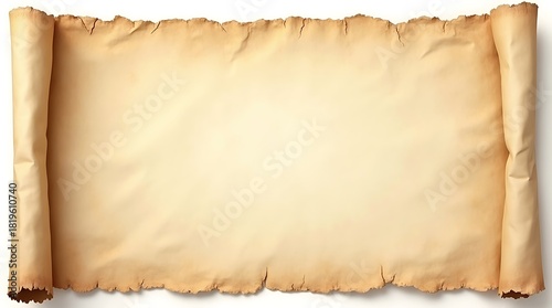 Old paper scroll with ragged edges, rolled up, isolated on white background
