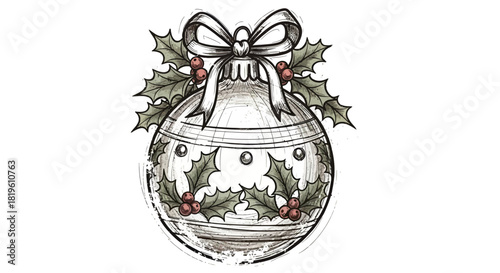 Vintage Christmas ornament decorated with holly and ribbon  