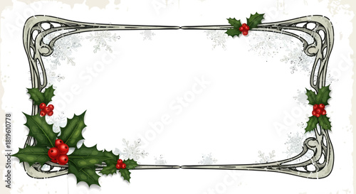 Vintage Christmas frame with holly leaves and snowflakes design  