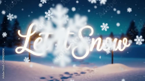 Animated let it snow lettering in snowy winter landscape. Falling snowflakes and forming footprints on ground with pine trees and lamp post. Christmas new year holiday greeting card design concept.