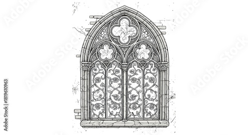 Gothic window design with intricate details and floral patterns  