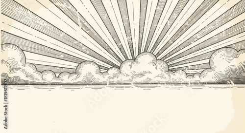 Sunburst illustration with rays shining over clouds in vintage style  