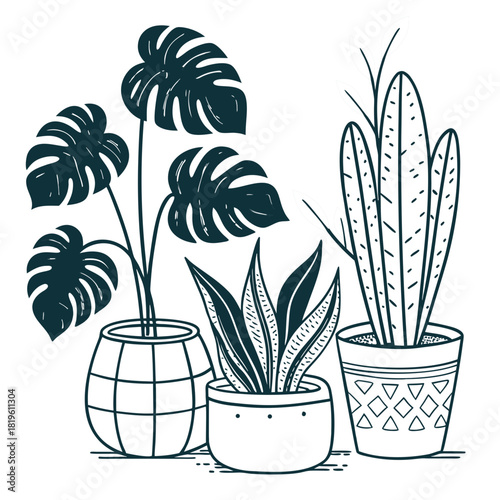 Potted house plants composition. Home and office interior houseplants. Modern green leaf, succulent, cactus decoration in planters, flowerpots. Flat vector illustration isolated on white background