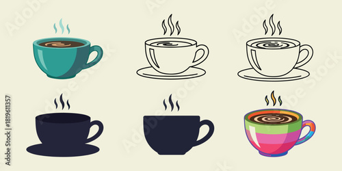 Six stylized cups of hot coffee in various graphic art styles vactor coffee cup hot drink