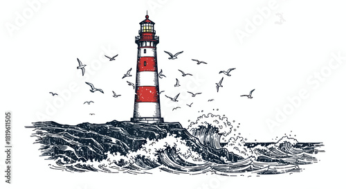 Red and white lighthouse on waves with flying seagulls in ocean  