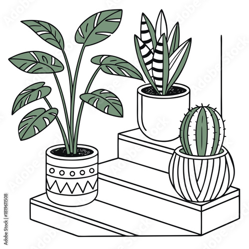 Potted house plants composition. Home and office interior houseplants. Modern green leaf, succulent, cactus decoration in planters, flowerpots. Flat vector illustration isolated on white background