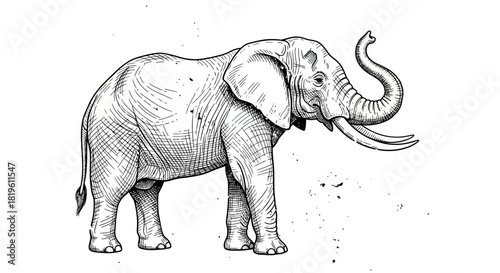 Sketch of an elephant with raised trunk in ink illustration  