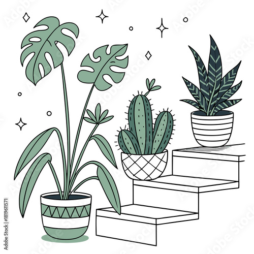 Potted house plants composition. Home and office interior houseplants. Modern green leaf, succulent, cactus decoration in planters, flowerpots. Flat vector illustration isolated on white background