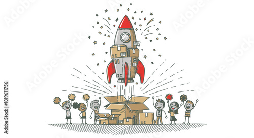 Creative Startup Launch with Cardboard Box Rocket and Cheering People.
