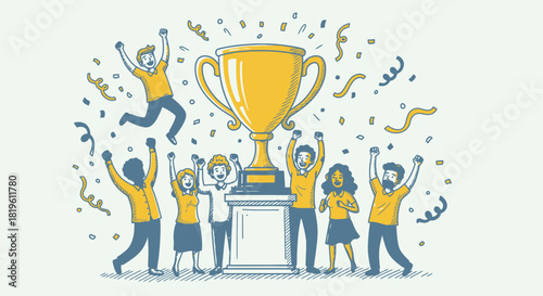 Team Celebrating Victory With Golden Trophy And Confetti.