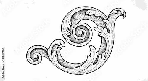 Ornate vintage decorative swirl in black and white illustration  