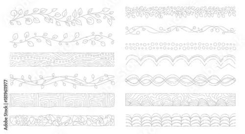 Decorative borders with various leaf and floral designs in outline  