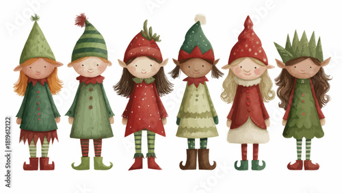 Six colorful elf characters in festive holiday attire  