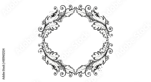 Ornate decorative frame with leaf motifs in black and white  