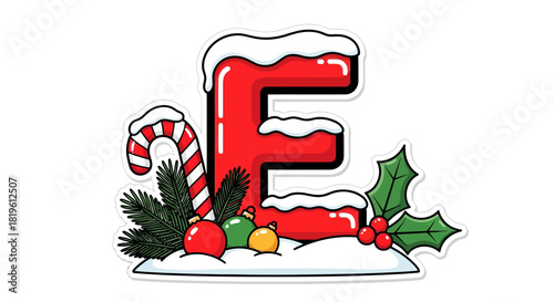Festive letter E with snow, ornaments, and holly for Christmas  