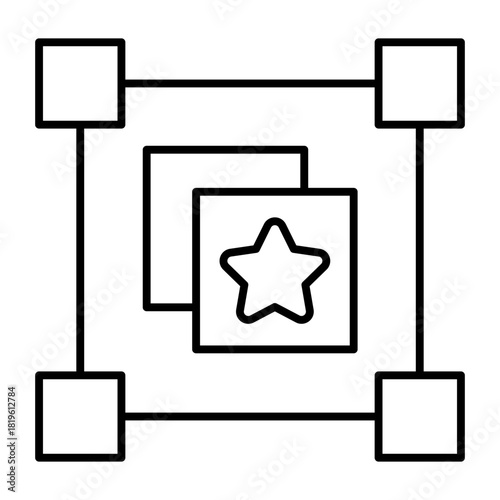 Star shape on a layer of square thin line icon, osint analytics concept. Vector graphics. Overview without restrictions sign on white background, style icon mobile or web design.