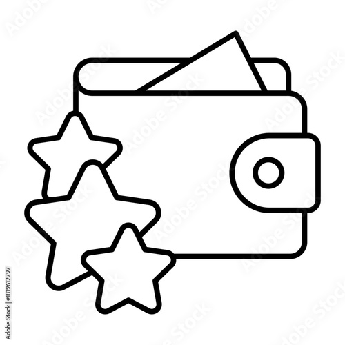 Leather wallet with stars thin line icon, osint analytics concept. Vector graphics. Purse for buying selected goods, buy sign on white background, style icon mobile or web design.