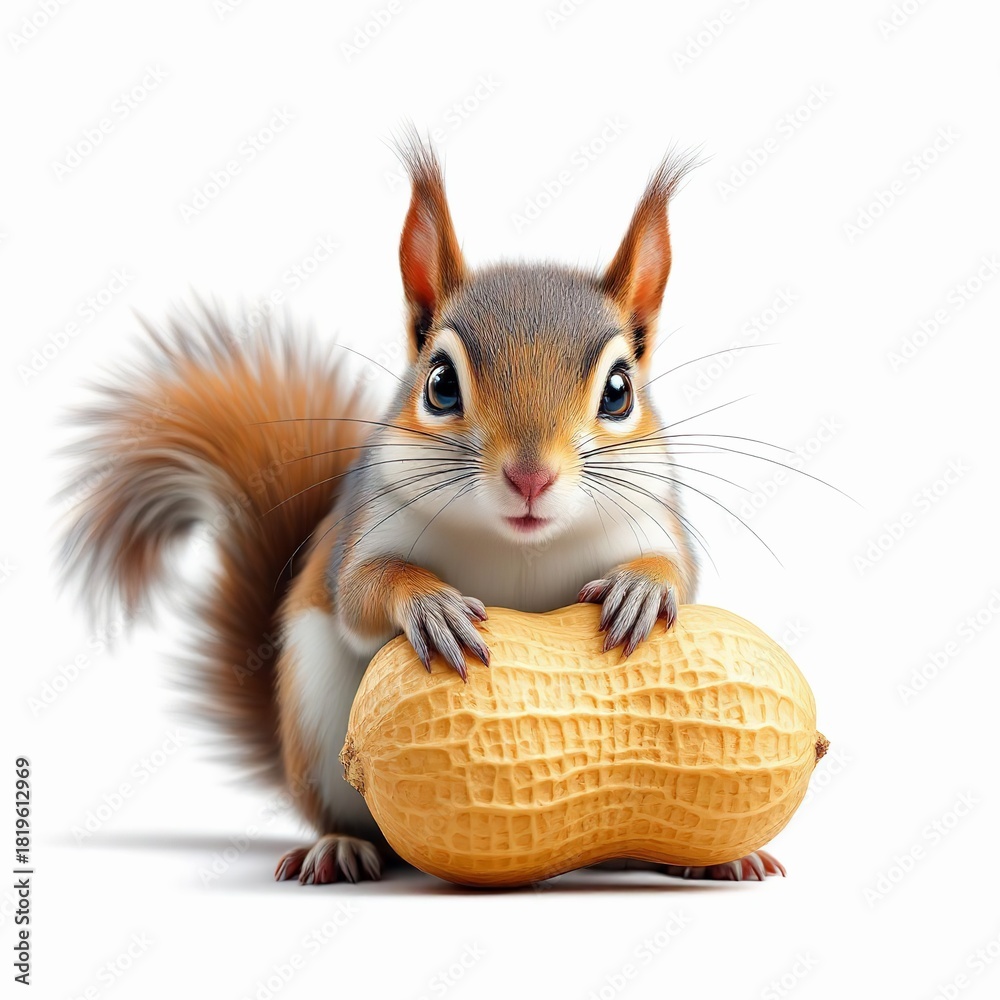 Naklejka premium Cute squirrel holding a peanut isolated on white background