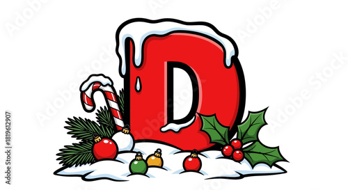 Decorative letter D with snow, candy cane, and Christmas ornaments  